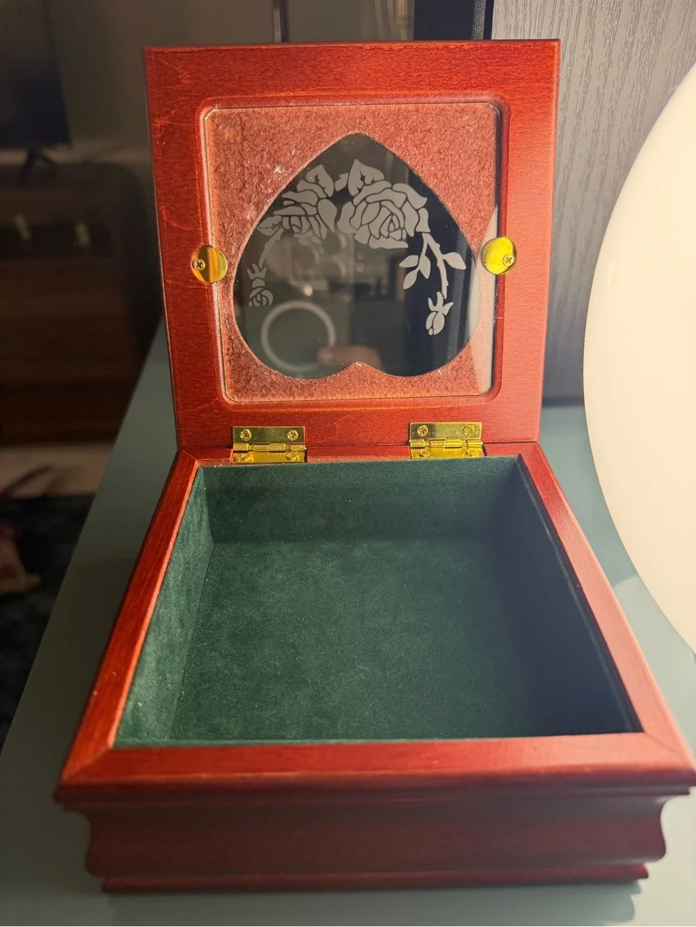 Vintage Romantic Wooden Heart Etched Glass Rose Jewelry Box
